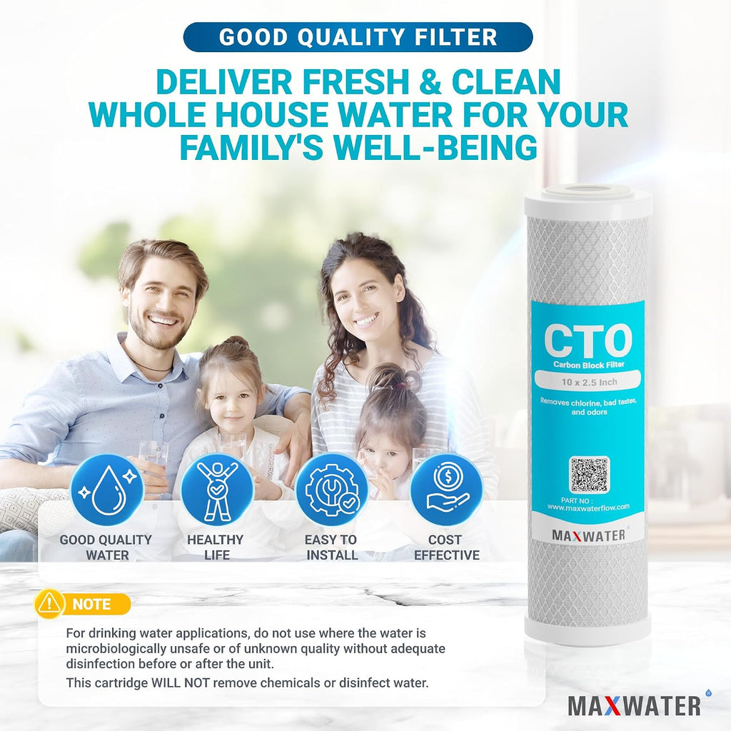 Max Water 5 Micron 10 x 2.5 CTO Carbon Water Filter Cartridge for Whole House Filtration Systems Compatible with WHEF-WHWC, WHCF-WHWC, FXWTC, AMZN-SCWH-5, CTO10, 25-Pack