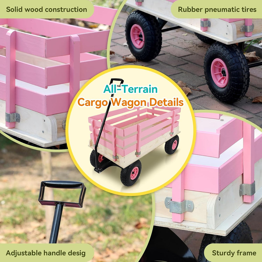 Garden Cart with Removable Side Panels, 176 lbs Capacity - Heavy-Duty Steel Yard Cart with Pneumatic Tires, Ideal for Gardening, Beach Use, and More (Pink-Black Handle)
