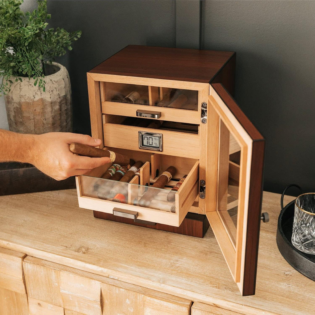 CASE ELEGANCE Luca Humidor Cabinet Stores 80-100, Cigar Humidor Box with Spanish Cedar, Glass Display, Easy Humidification System, Digital Hygrometer - Brown