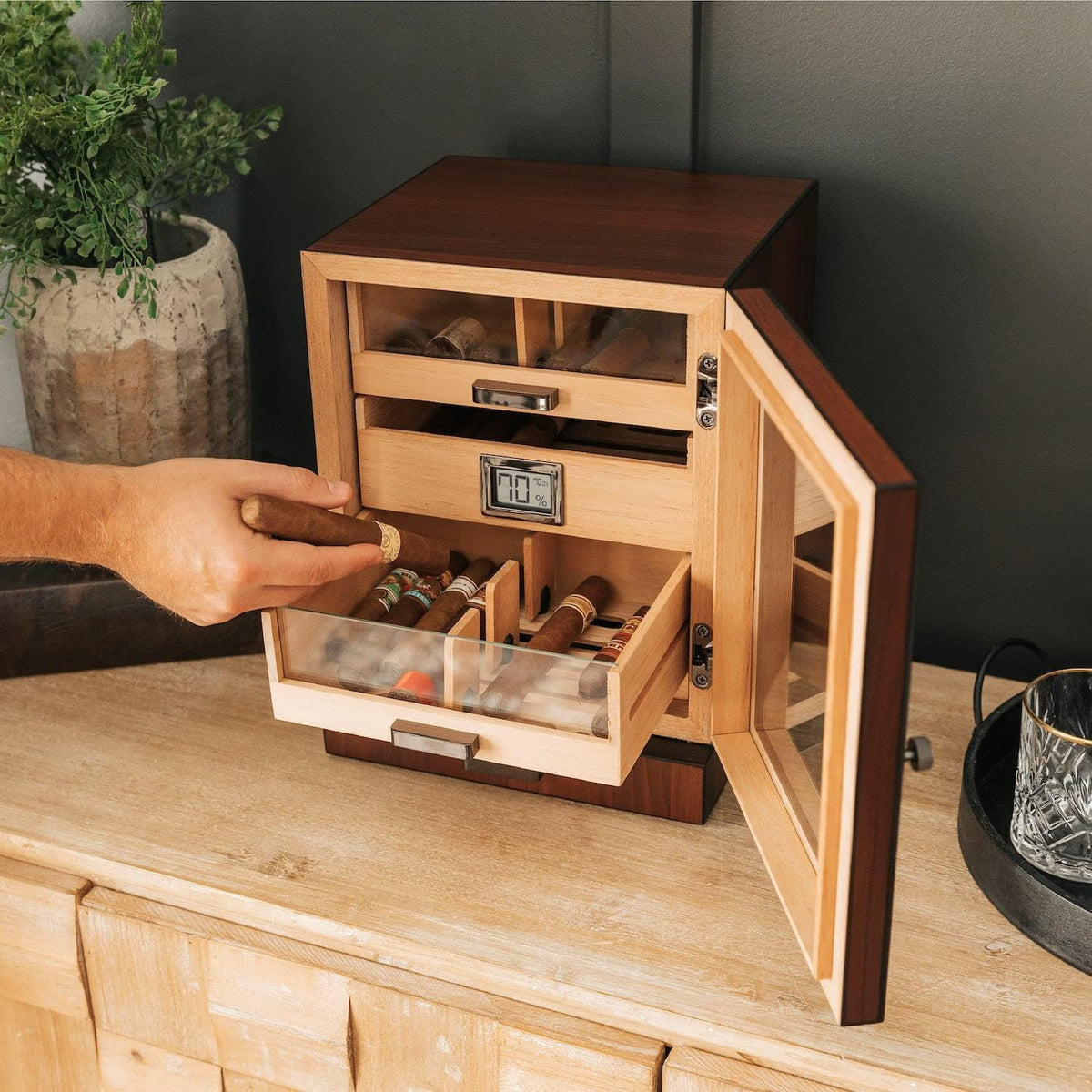 CASE ELEGANCE Luca Humidor Cabinet Stores 80-100, Cigar Humidor Box with Spanish Cedar, Glass Display, Easy Humidification System, Digital Hygrometer - Brown