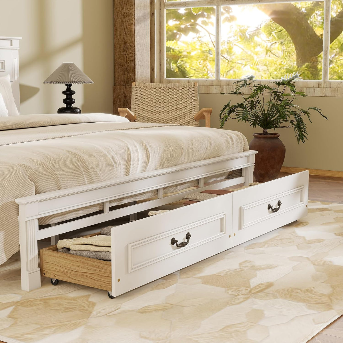 King Size Platform Bed with 2 Drawers, LED Light & Charging Station, Sturdy Wood Bed Frame with Headboard, No Box Spring Needed, Elegant Rustic Style, White