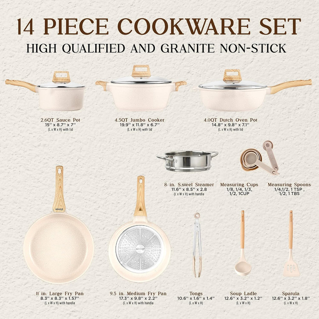 Bakken-Swiss 14-Piece Kitchen Cookware Set – Granite Non-Stick – Eco-Friendly – PFOA, PFOS, and PTFE Free for All Stoves & Oven-Safe,