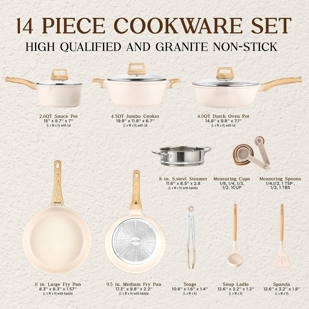 Bakken-Swiss 14-Piece Kitchen Cookware Set – Granite Non-Stick – Eco-Friendly – PFOA, PFOS, and PTFE Free for All Stoves & Oven-Safe,