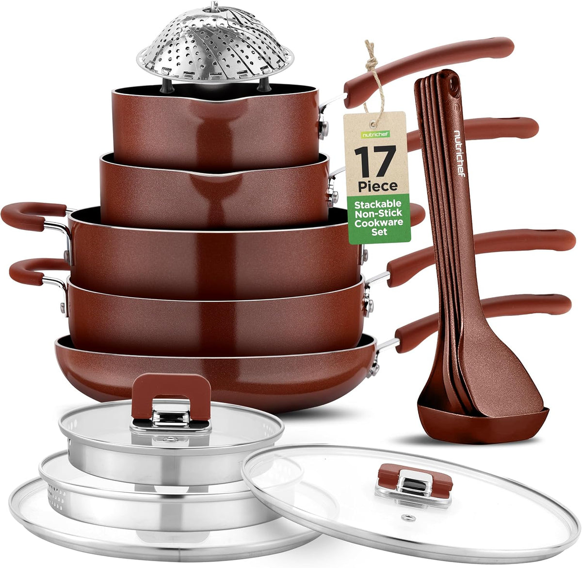 NutriChef 17pcs Brown Stackable Pots and Pans Set, Nonstick Induction Cookware, Space Saving Cookware, Easy Clean, Ideal For RV and Camper, Includes a Foldable Steamer Basket and Cooking Utensils
