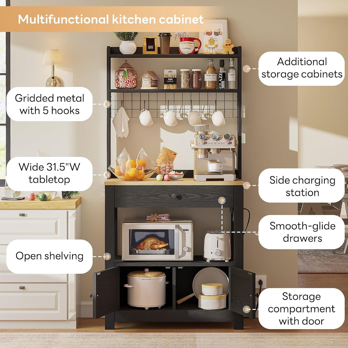 LIKIMIO Baker Rack with Spill-Safe Power Outlet & Drawer, Coffee Bar Cabinet with Storage, Farmhouse Microwave Stand with Hutch and 5 Hooks for Kitchen, Black
