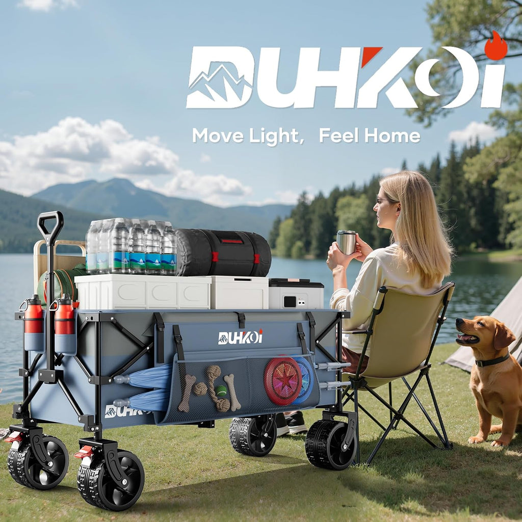 49' L Collapsible Extended Wagon with 500lbs Weight Capacity,300L Heavy Duty Sports Wagon,Big All-Terrian Wheels with Cup Holders,Cart for Sports,Grocery,Shopping(LightBlue)