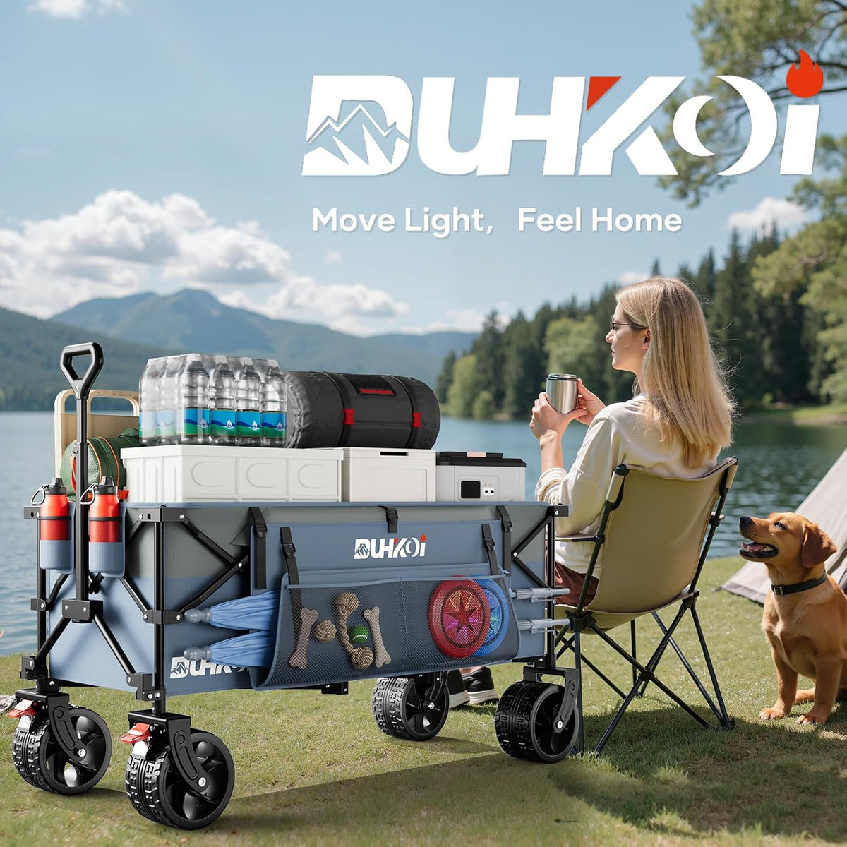 49' L Collapsible Extended Wagon with 500lbs Weight Capacity,300L Heavy Duty Sports Wagon,Big All-Terrian Wheels with Cup Holders,Cart for Sports,Grocery,Shopping(LightBlue)