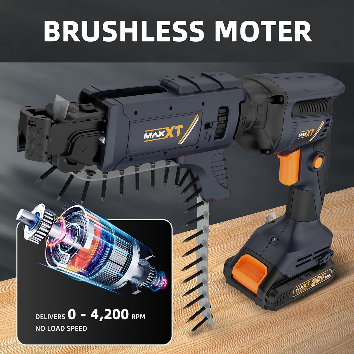 20V Drywall Screw Gun Brushless, MAXXT Cordless Lithium-Ion Brushless Self Feeding Drywall Screwdriver Autofeed 5000RPM with Collated Drywall Attachment（Included 2.0Ah Battery and Charger）