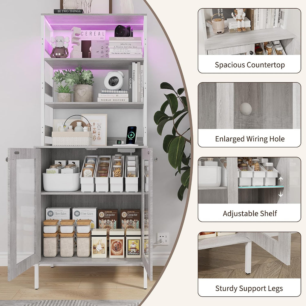 IDEALHOUSE 67' Tall Wine Bar Cabinet for Liquor and Glasses,Farmhosue Coffee Bar Cabinet,Pantry Storage with RGB LED Lights,Power Outlet,Adjustable Shelves,for Home,Dining Room,Kitchen(Grey)