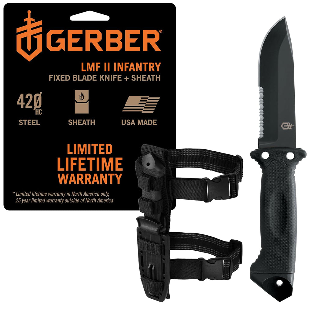Gerber Gear LMF II Infantry Survival Knife, Made in USA Military Grade Tactical Fixed Blade with Serrated Edge, Shock Absorbing Handle, Molle Sheath and Sharpener, Black