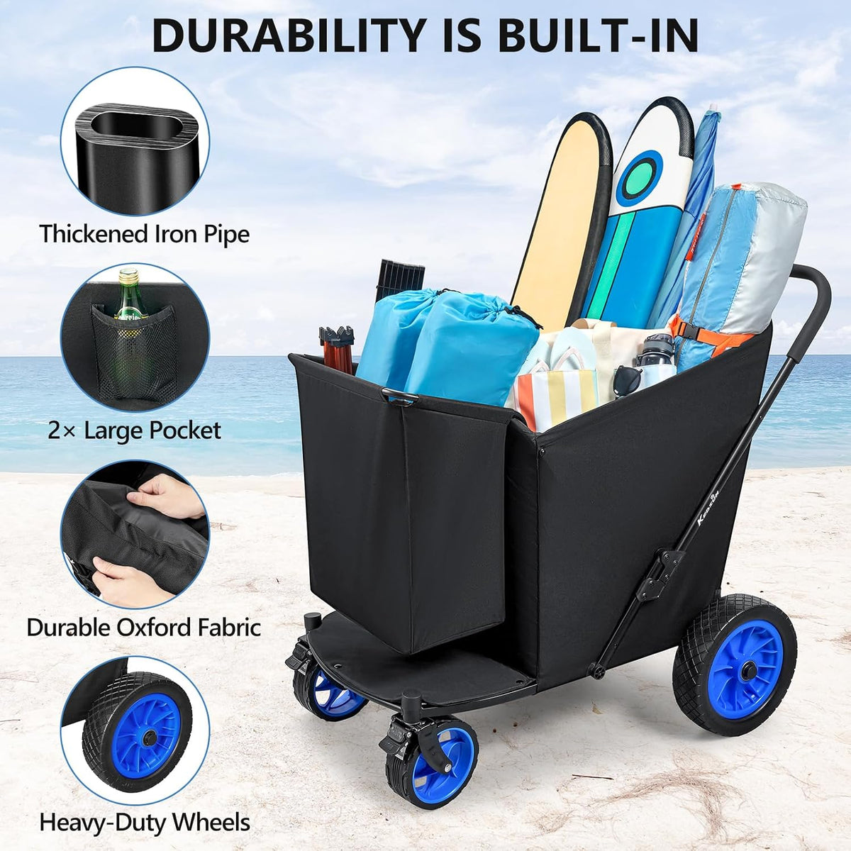 KEDSUM 11.3 Cu.Ft. 400LBS Upgrade Huge Beach Wagon with Big Wheels for Sand, 12' All-Terrain Rubber Wheels Beach Cart, Collapsible Wagon for Sand for Camping, Outdoor, Shopping, One-Click Foldable