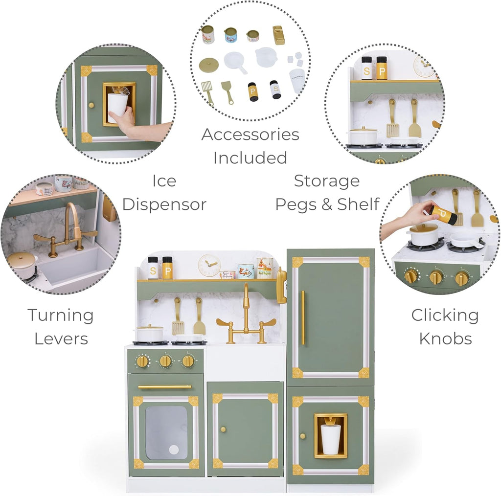 Teamson Kids Versailles Wooden Deluxe Play Kitchen Set Plus Refrigerator with Ice Dispenser and 15 Cookware Accessories, Olive Green
