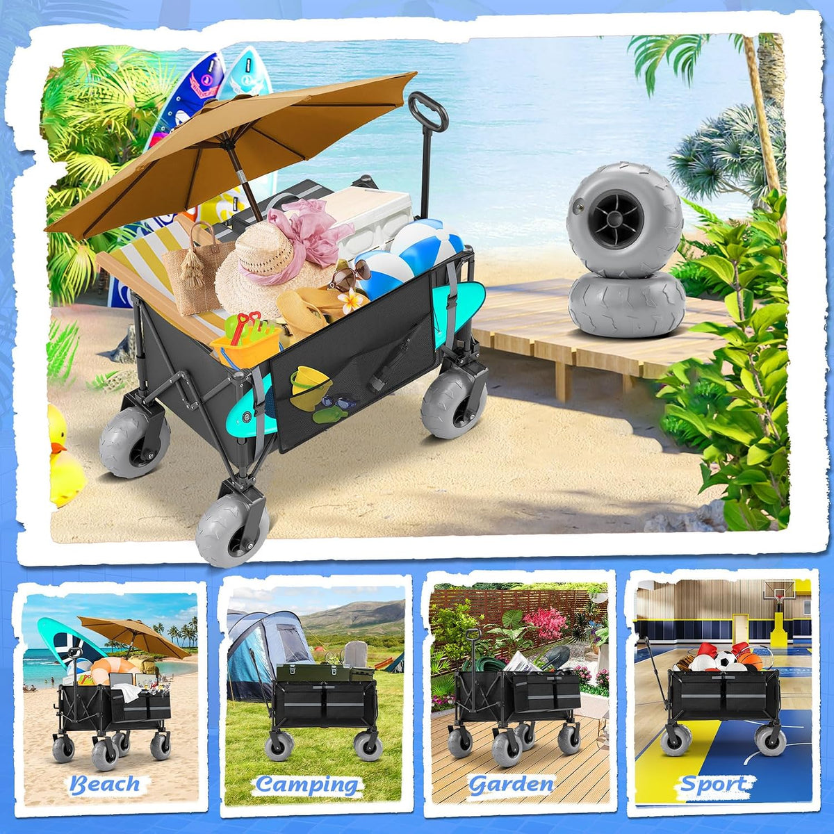 Beach Wagon with Big Wheels for Sand Heavy Duty Collapsible Wagon with 9' All Terrain Inflatable Tires, Foldable Beach Cart for Camping Outdoor Grocery Shopping Garden Sports