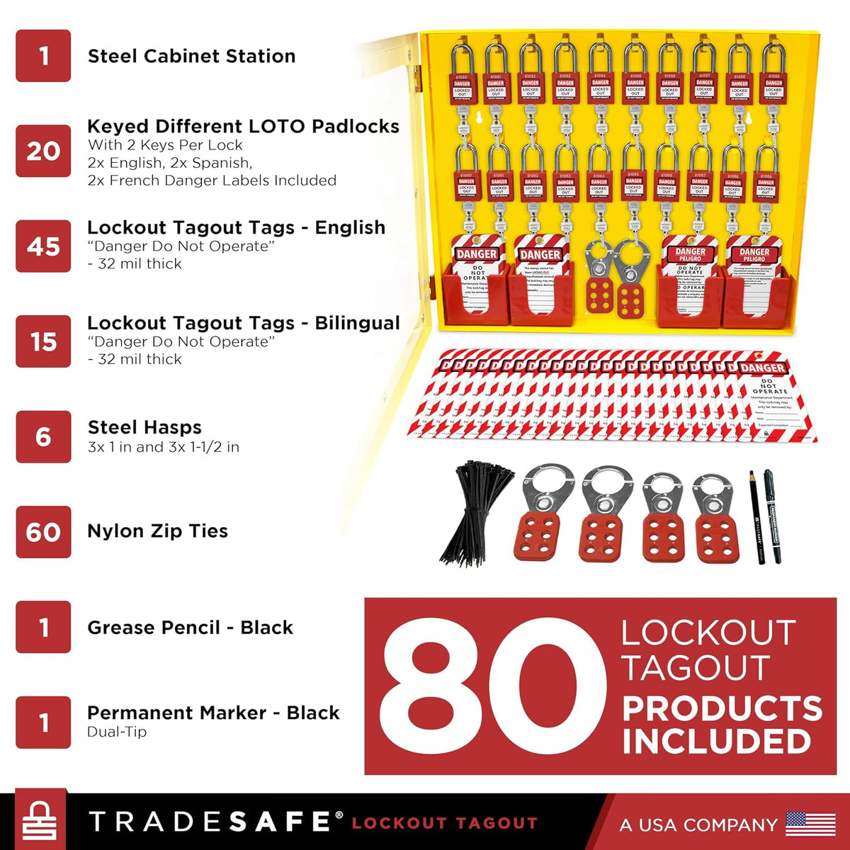 TRADESAFE Lockout Tagout Station with 20 Keyed Different Loto Locks, 6 Lockout Hasps, 60 Lock Out Tags, Lock Out Tag Out Kit Station, Lock Out Kit Cabinet 22-1/2 x 18 x 3 inches