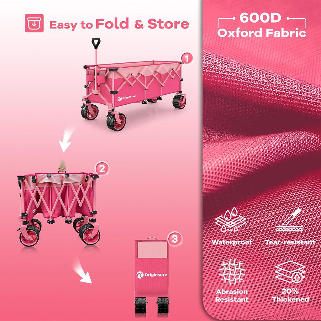 Originsure 48' L Collapsible Beach Wagon Cart Foldable, 560LB Weight Capacity 300L Heavy Duty Folding Wagons with Big All-Terrain Wheels, Utility Carts for Groceries, Camping, Sports - Pink