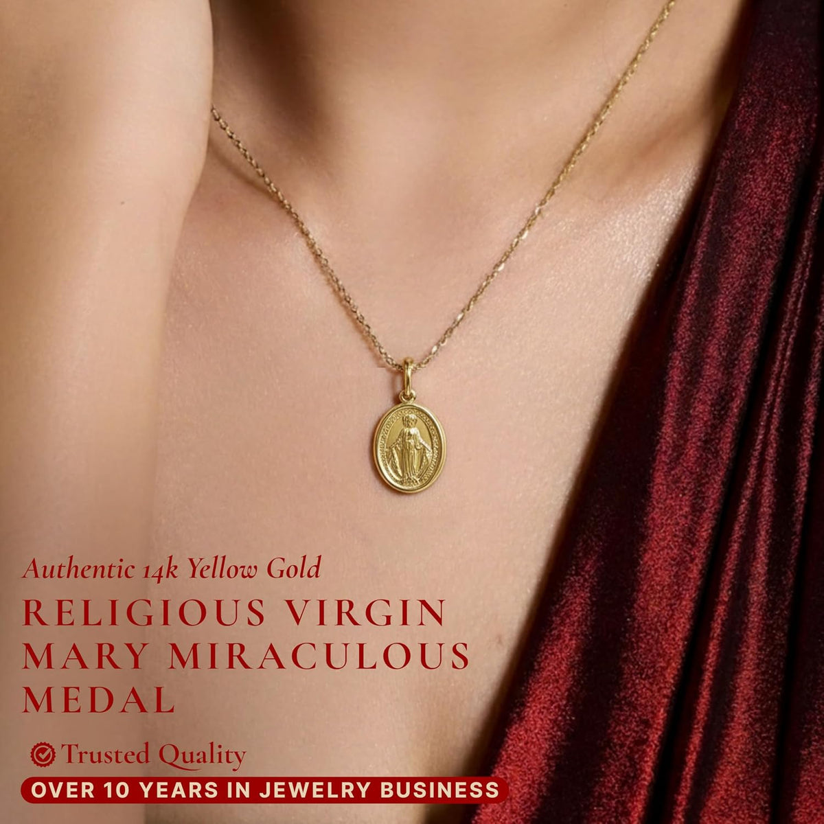 Ioka 14K Solid Yellow Gold Virgin Mary Miraculous Medal Pendant – Classic Catholic Religious Charm Jewelry for Men & Women
