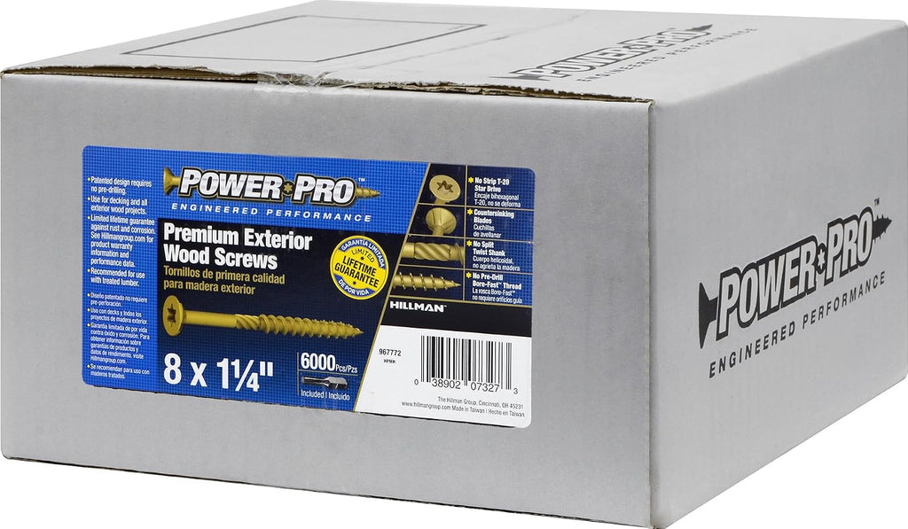 Power Pro Premium Exterior Wood Screws, #8 x 1-1/4'Inch All-Purpose Deck Screws for Outdoor Projects, T-25 Star Bit Included, Bronze, 6000 Pieces | 967772V4