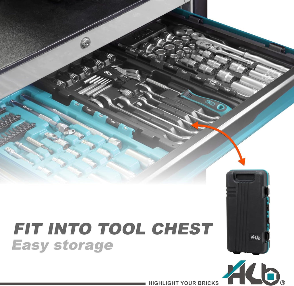 HB 100-Piece Socket Set AKX010-U, 90-Tooth Flex Head Ratchets 3/8'&1/4' Drive, Non-Slip Metric SAE Sockets, Deep & Standard, Impact Adapter, Wrenches, Torx Hex Bits, Tri-Fold Case, Made in Taiwan