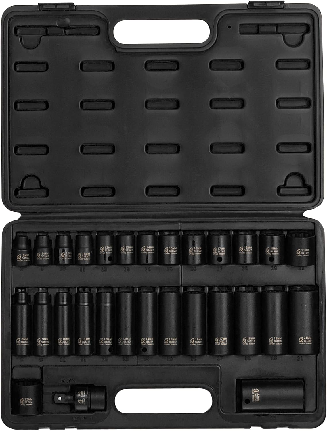 SUNEX TOOLS 3330, 3/8 Inch Drive Master Impact Socket Set, 12-Point, 29-Piece, Metric, 8mm-22mm, Standard/Deep, Cr-Mo Steel, Heavy Duty Storage Case, Includes Universal Joint