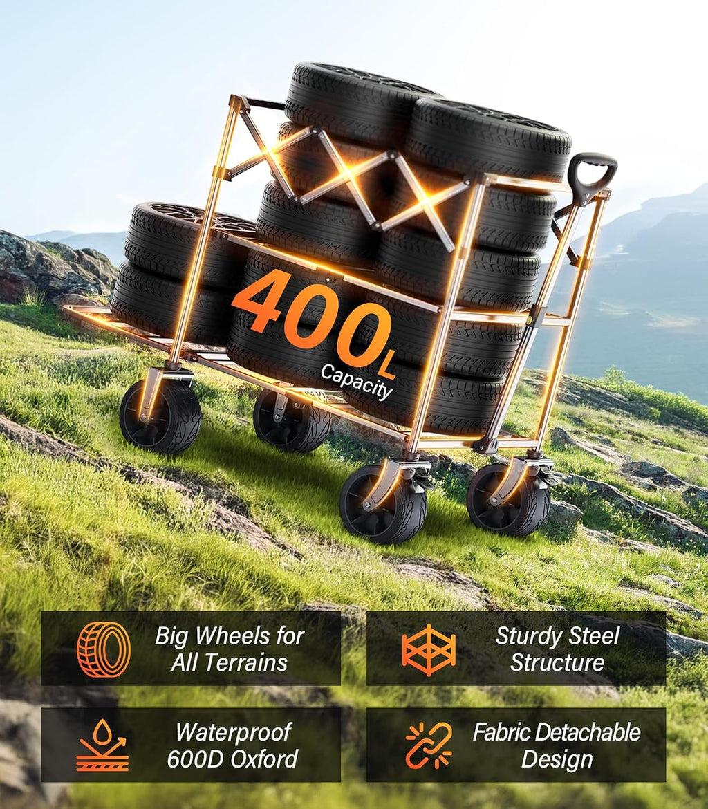 Collapsible Wagon Double Decker,Wagons Carts Foldable,Heavy Duty Wagon Camping Sports Garden Grocery,Utility Wagon for All Terrain Brown