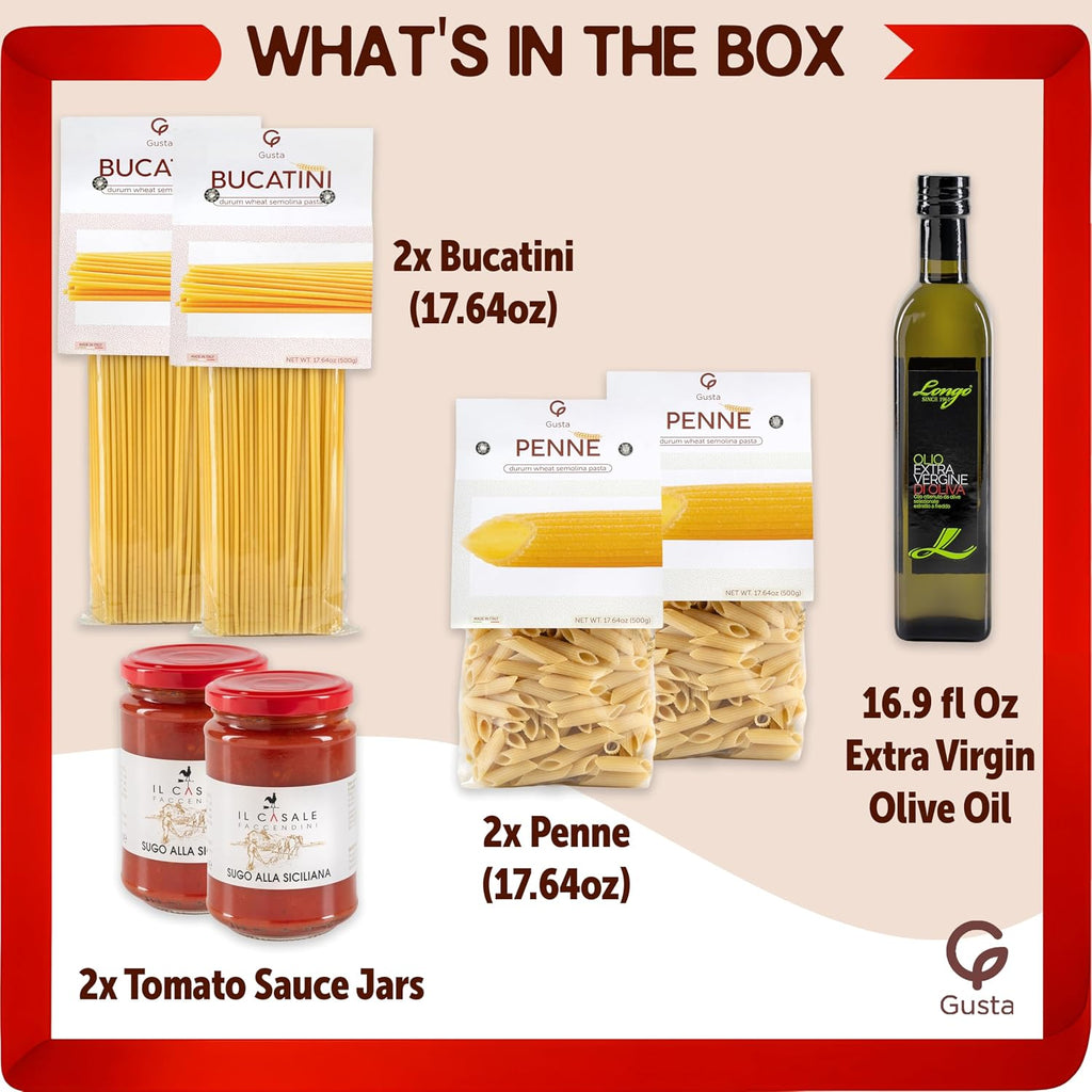 Gusta Pasta Gift Basket in Deluxe Packaging - Made in Italy - Healthy Holiday Basket Gift for Men, Birthdays, Families, Parties, Housewarming, Client Thank You & Sympathy