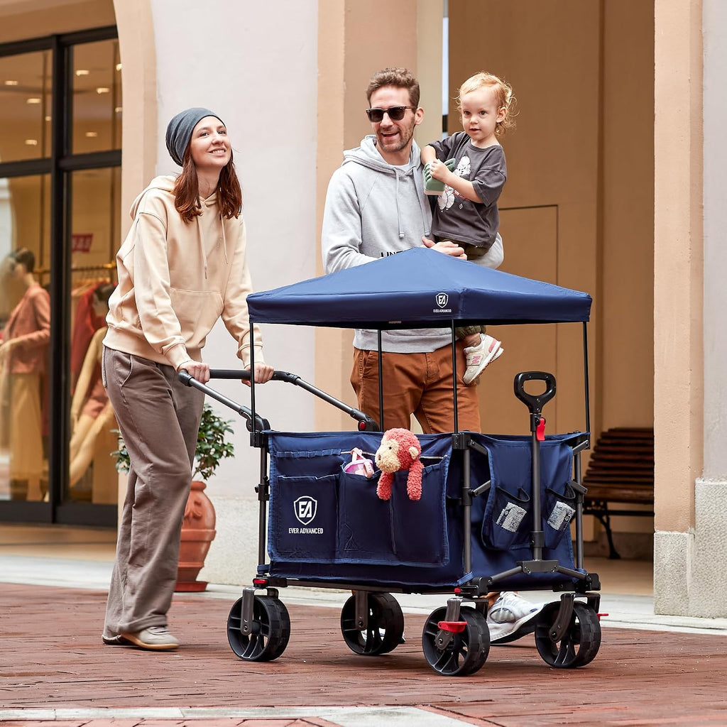 EVER ADVANCED Folding Push Wagon with Canopy, Portable Shopping Cart with Brakes, Collapsible Wagon Cart with All-Terrain Big Wheels for Camping, Beach, Sports