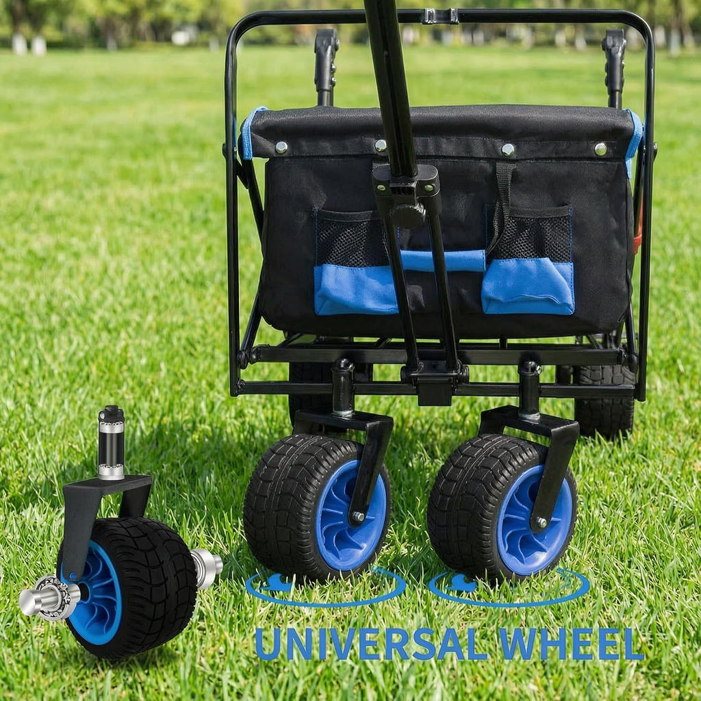 TMZ All Terrain Wide Wheel Utility Folding Wagon, Collapsible Garden Cart, Heavy Duty Beach Wagon Trolley with Adjustable Push Handle and Brake, 90 L Storage, Load of 120KG(Black/Blue)