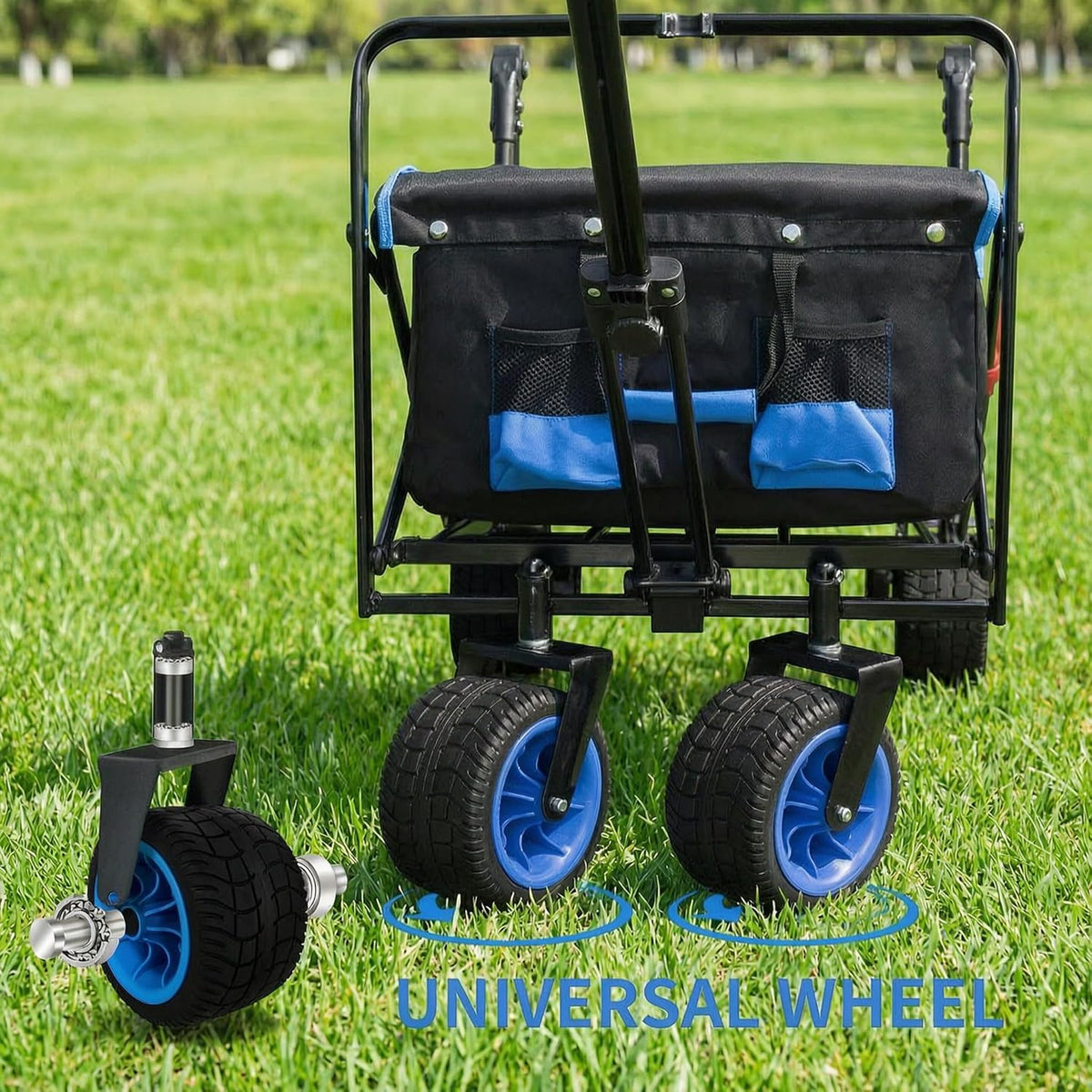 TMZ All Terrain Wide Wheel Utility Folding Wagon, Collapsible Garden Cart, Heavy Duty Beach Wagon Trolley with Adjustable Push Handle and Brake, 90 L Storage, Load of 120KG(Black/Blue)