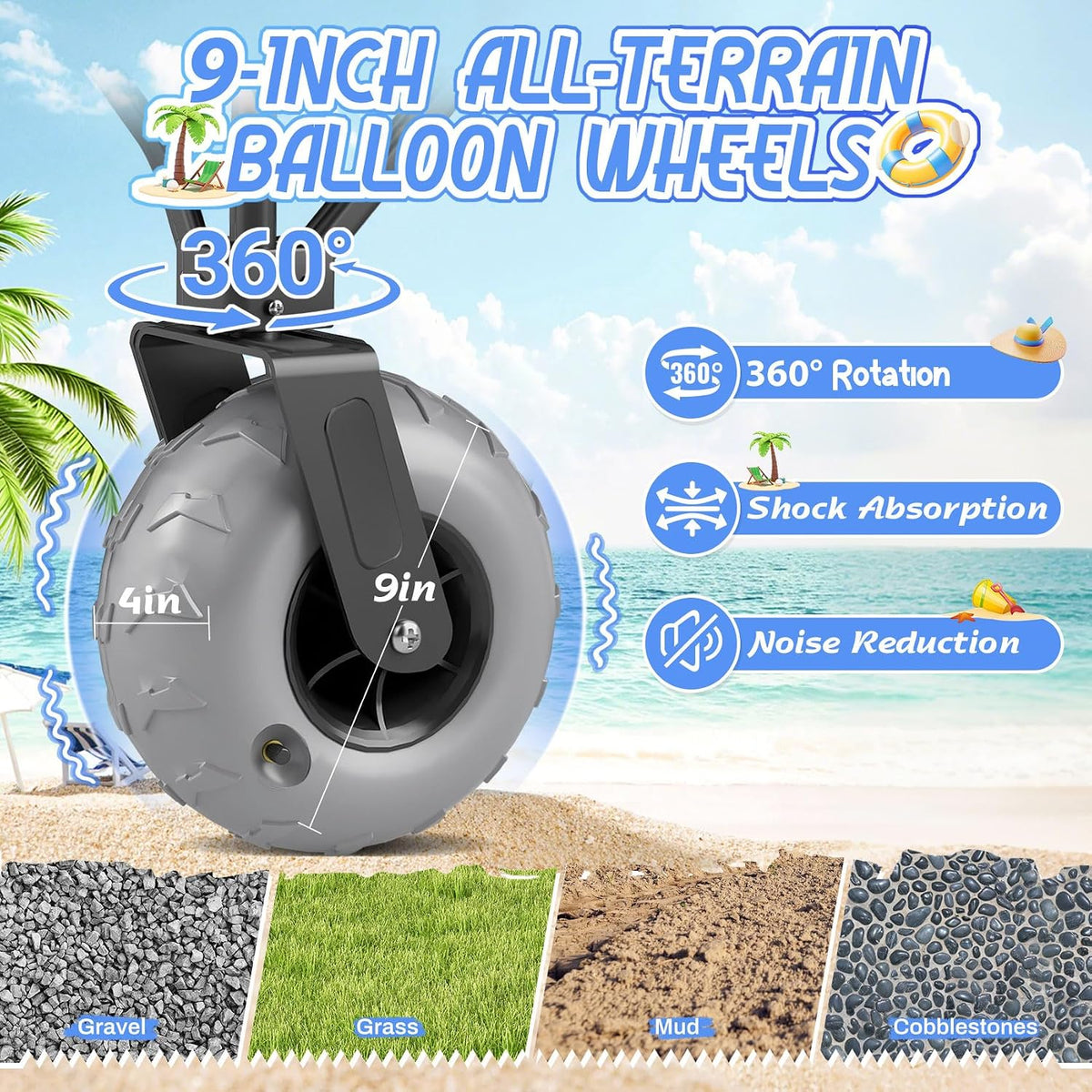Beach Wagon with Big Wheels for Sand Heavy Duty Collapsible Wagon with 9' All Terrain Inflatable Tires, Foldable Beach Cart for Camping Outdoor Grocery Shopping Garden Sports