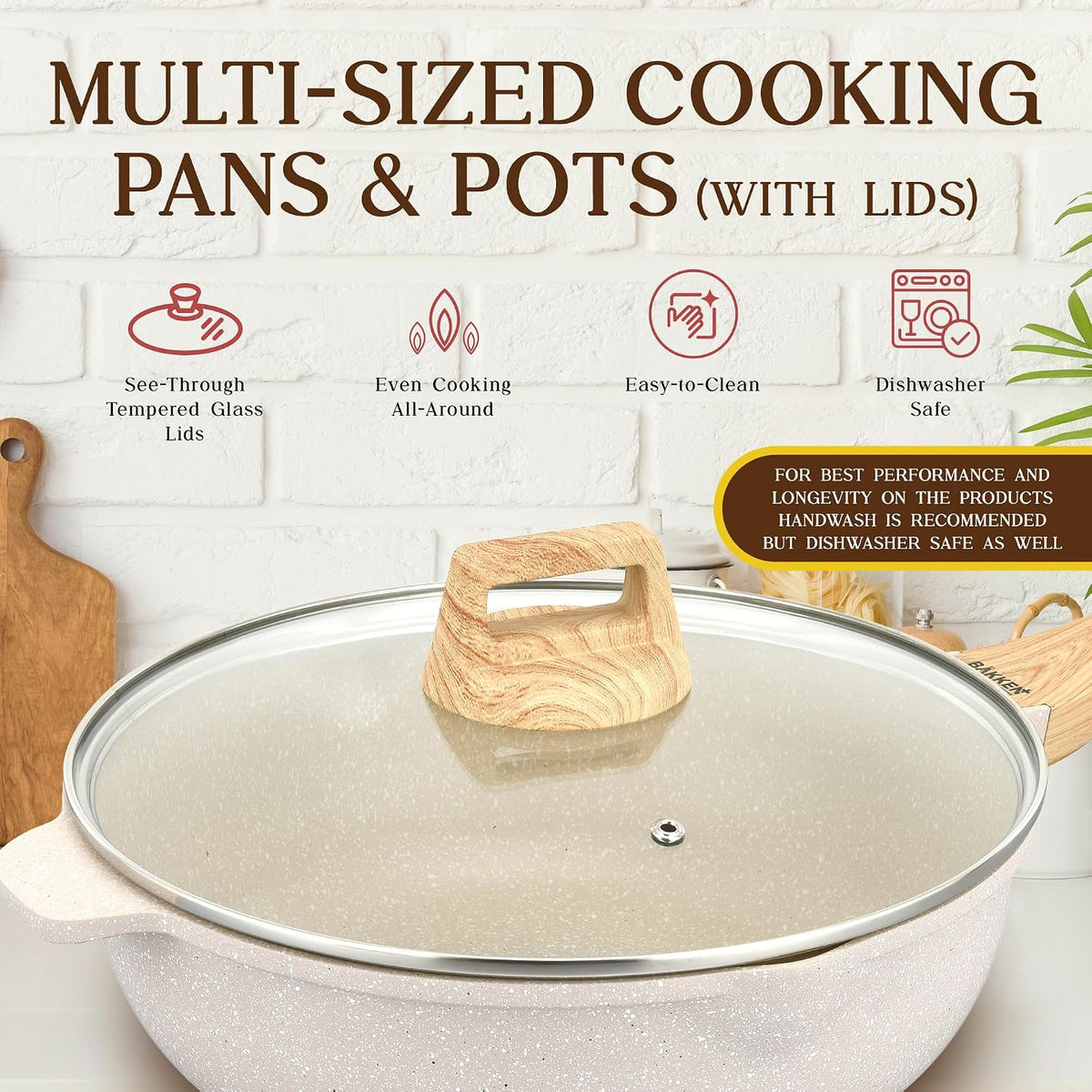 Bakken Master 20 Piece Cookware Set - Pots and Pans with Handle Grips and Tempered Glass Lids, With 6-piece Bakeware Set, Nonstick Granite Coating, Ceramic Max Temperature (Up To 500° F), Cream