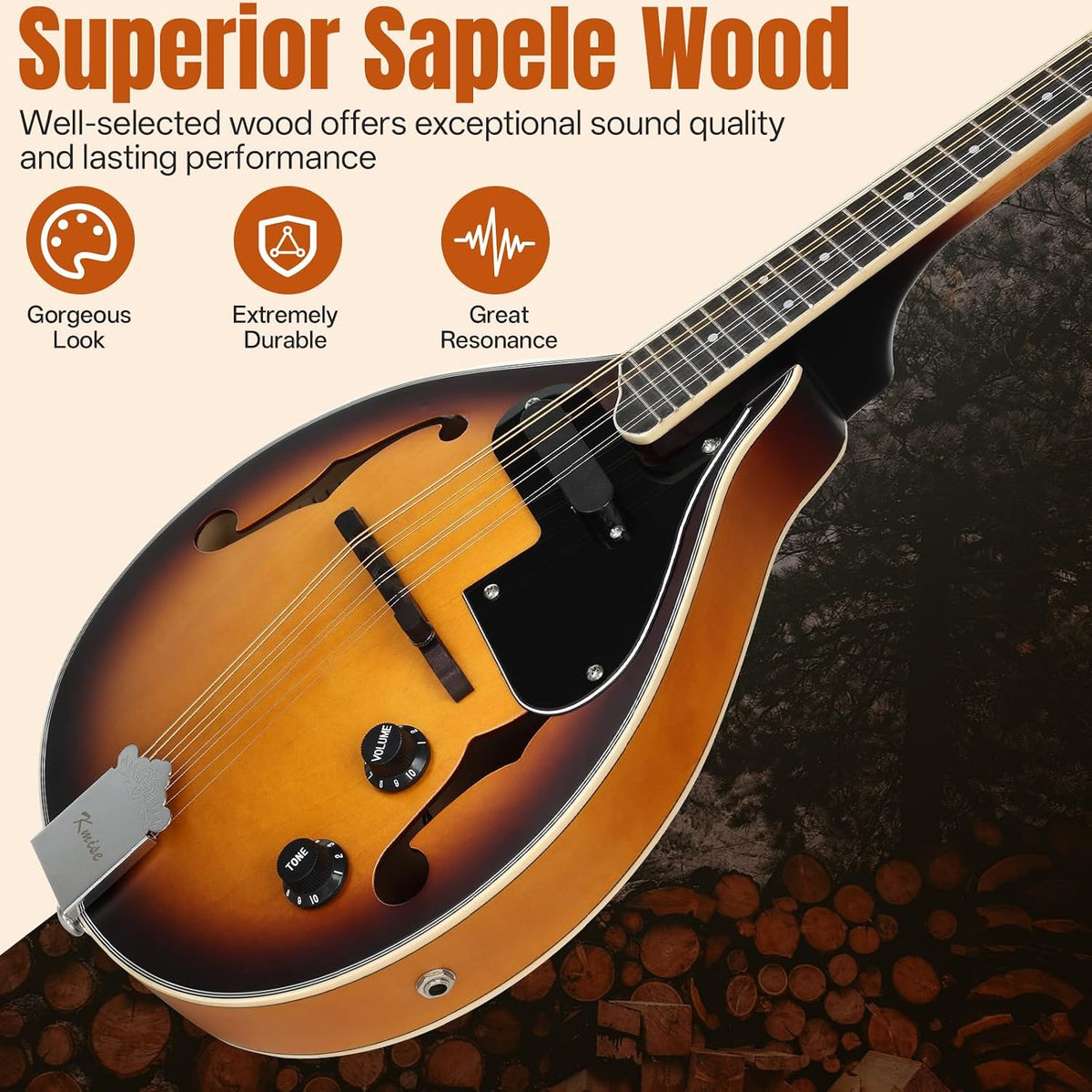 Mandolin Instrument A Style, Electric Acoustic Mandolins Instrument Kit 8 String with Tuner Strap Gig Bag Chord Chart for Beginners Adults Teens Youth Kid