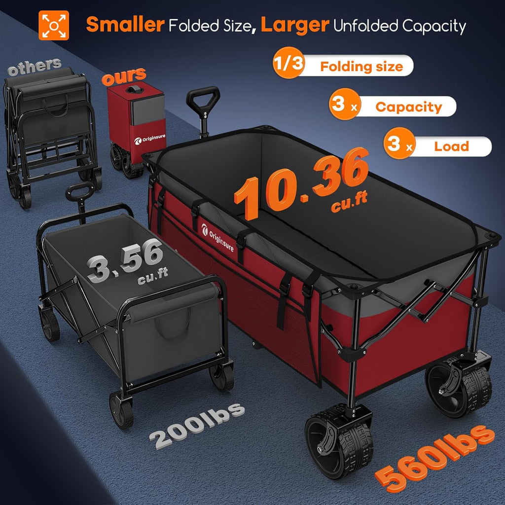 Originsure 48' L Collapsible Wagon Cart Foldable, 560lbs Weight Capacity 300L Heavy Duty Folding Beach Wagons with Big All-Terrain Wheels, Utility Carts for Groceries, Camping, Sports - Grey&Red