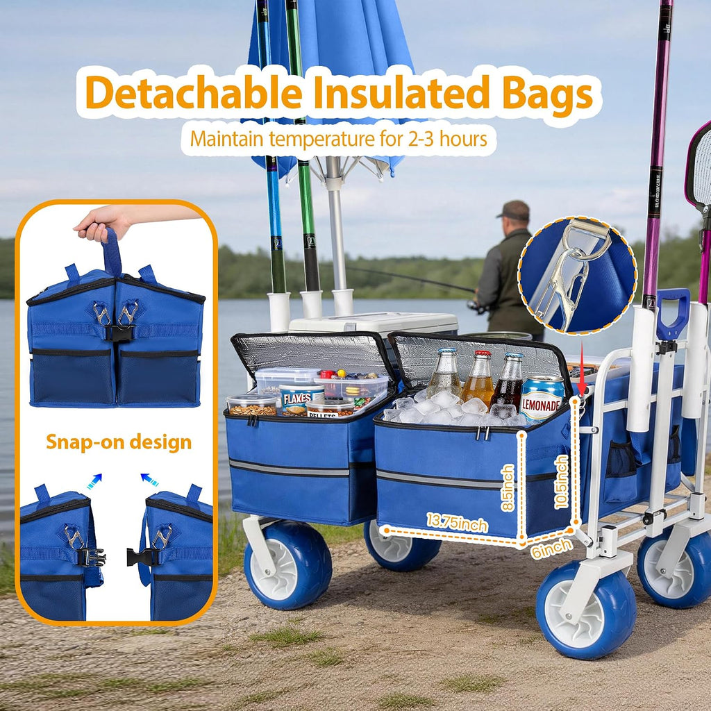 Beach Fishing Wagon Cart with All-Terrain Big Wheels, 500lbs Load Heavy Duty Wagons Carts Foldable with Removable Cooler & Storage Bags for Sand Shopping Garden Sports Camping Outdoor (Blue1)