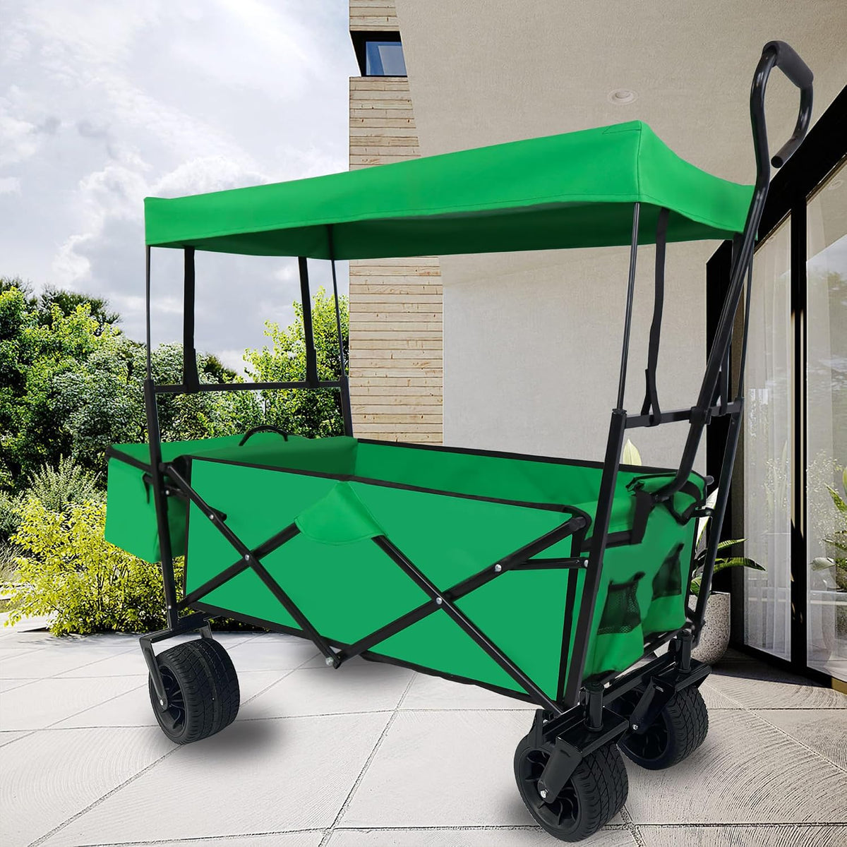 Outdoor Garden Park Wagon with Canopy and Pockets, Foldable Portable Utility Beach Trolley Cart with 7' Wheels for Camping Garden Sports (262LBS Max Weight Capacity) Grass Green As Shown