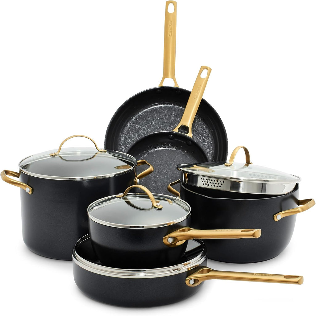 GreenPan Hard Anodized Healthy Ceramic Nonstick 10 Piece Cookware Pots and Pans Set, Gold-Tone Stainless Steel Handles, PFAS-Free, Dishwasher Safe, Oven & Broiler Safe, Black