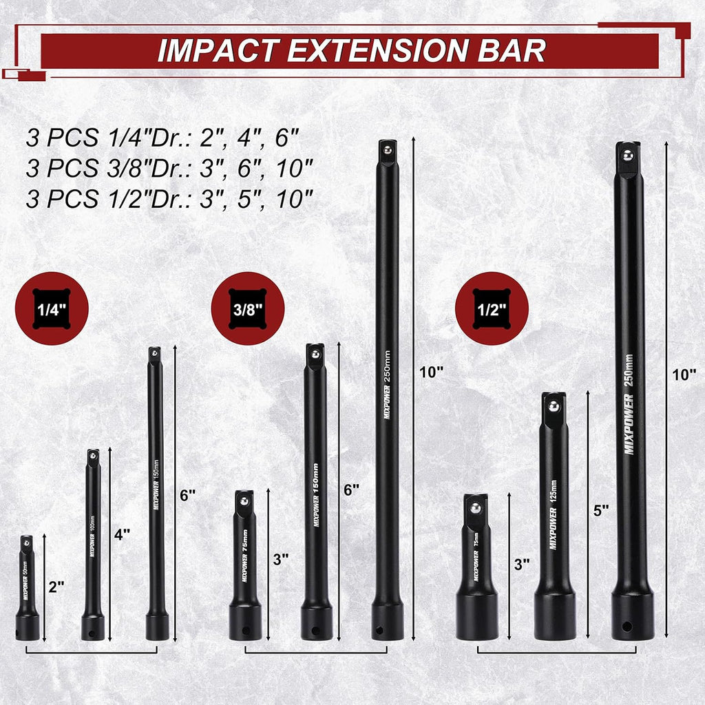 MIXPOWER 153 Pieces 1/4'&3/8'&1/2' Drive Mechanic Tool Set,Metric/SAE,6-Point,Deep and Shallow Sockets,Impact Universal Joint Swivel Sockets,Impact Socket Extension Bar