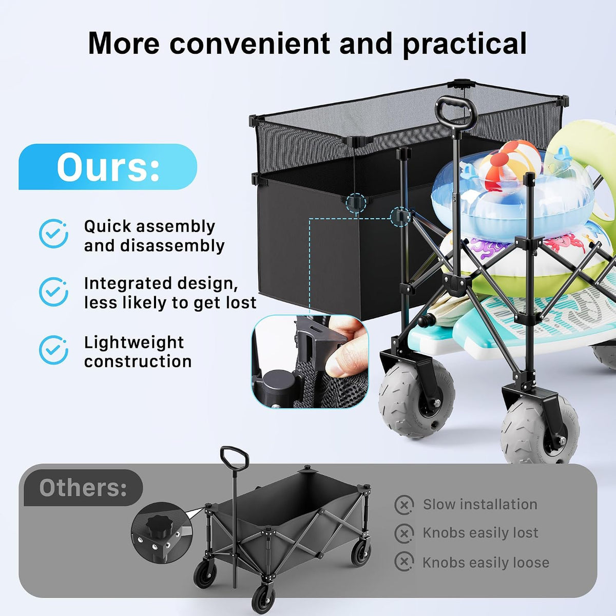Beach Wagon with Big Wheels for Sand, 450LBS Heavy Duty Foldable Collapsible Wagons Carts with 9' All Terrain Inflatable Tires, Adjustable Capacity 200L–380L for Groceries, Camping, Sports