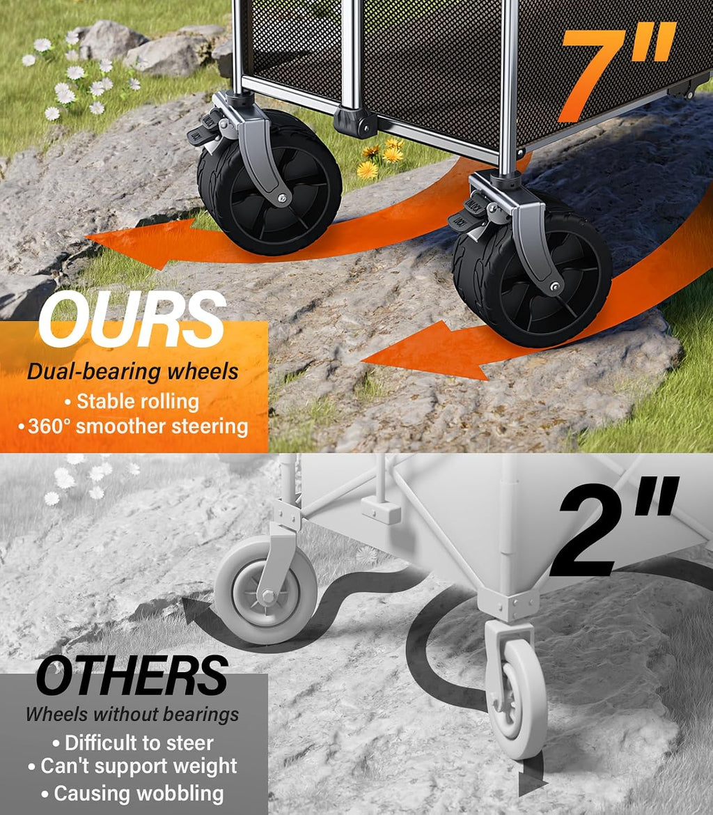 Collapsible Wagon Double Decker,Wagons Carts Foldable,Heavy Duty Wagon Camping Sports Garden Grocery,Utility Wagon for All Terrain Brown