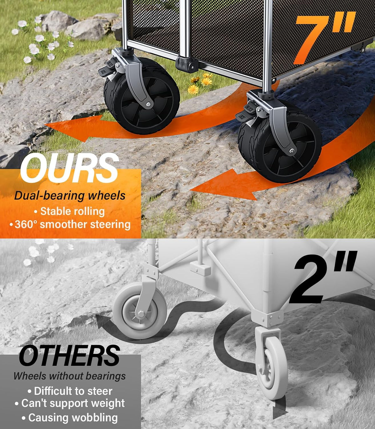 Collapsible Wagon Double Decker,Wagons Carts Foldable,Heavy Duty Wagon Camping Sports Garden Grocery,Utility Wagon for All Terrain Brown