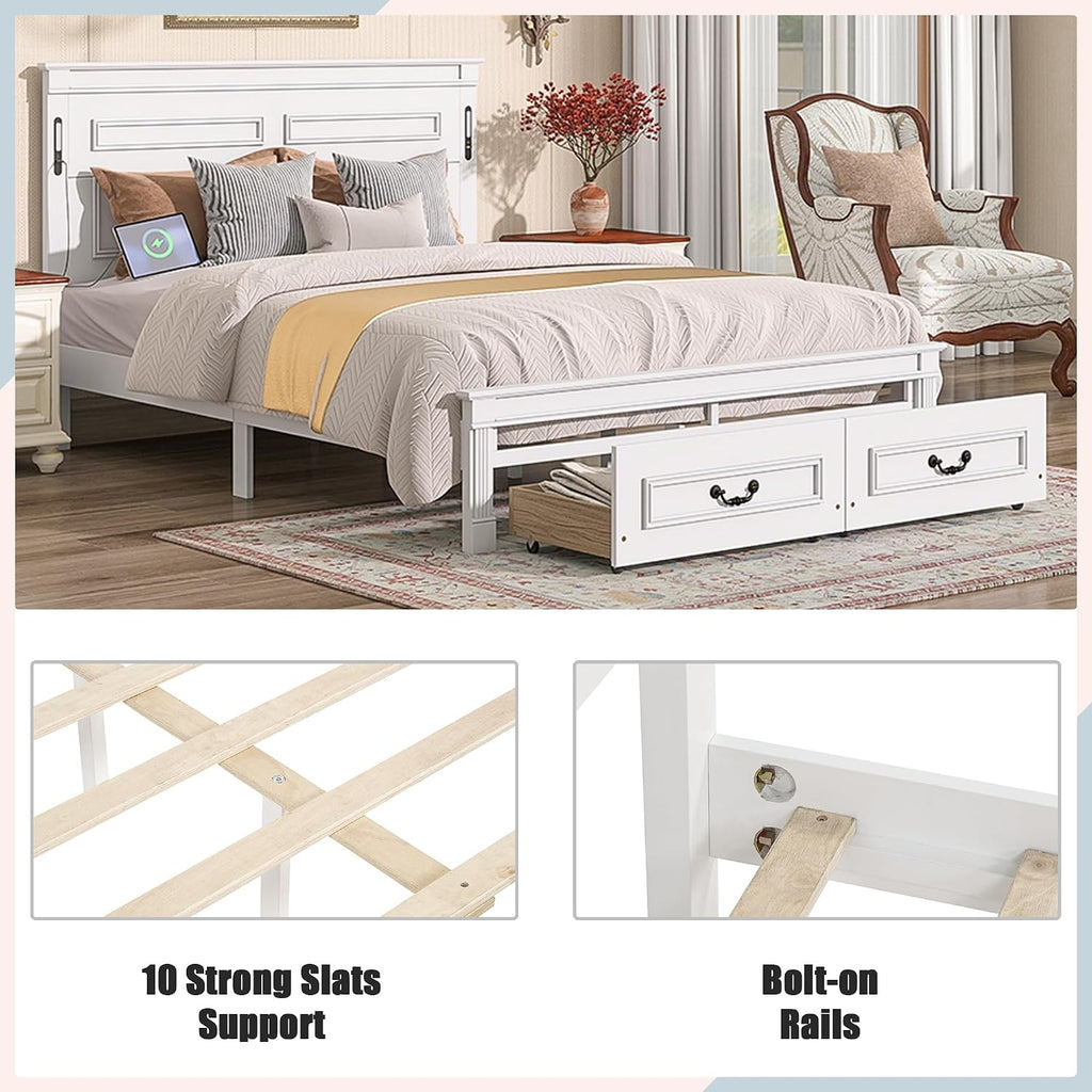 Queen Size Wood Platform Bed with Headboard, LED Light & Charging Station, Elegant Rustic Style Platform Bed Frame with Storage Drawers, No Box Spring Needed, Space Saving Design, White