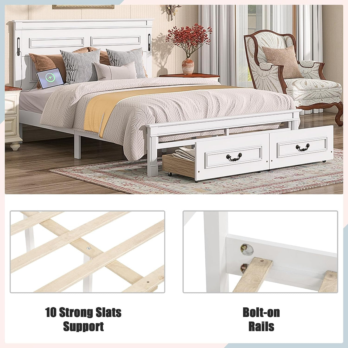 Queen Size Wood Platform Bed with Headboard, LED Light & Charging Station, Elegant Rustic Style Platform Bed Frame with Storage Drawers, No Box Spring Needed, Space Saving Design, White