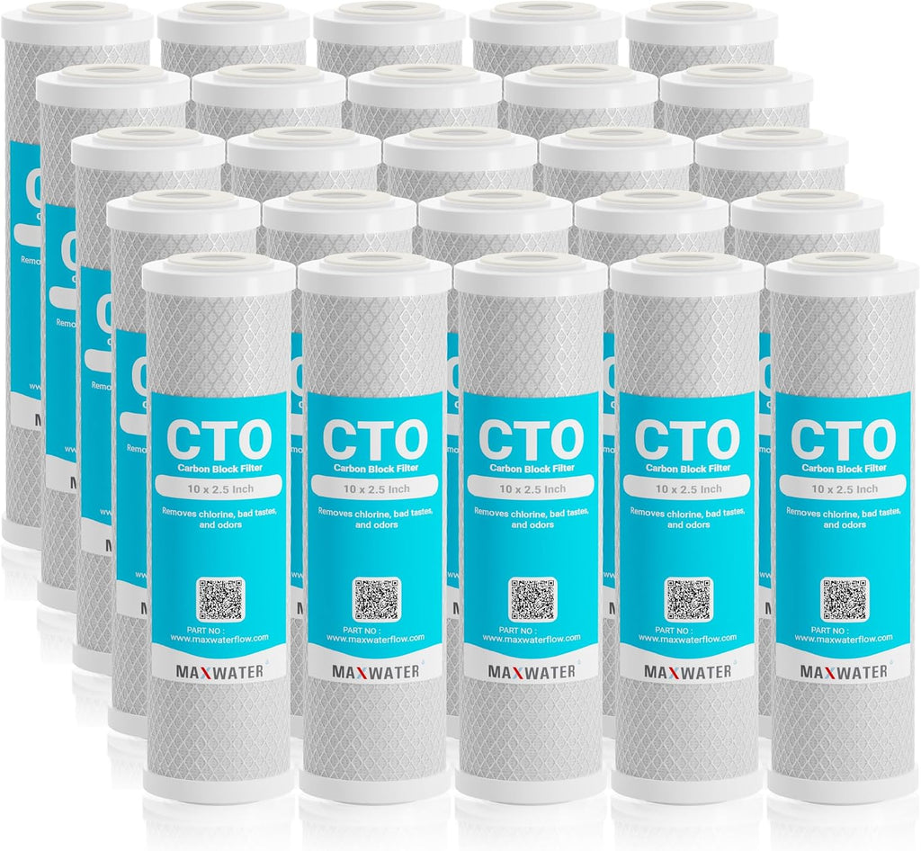 Max Water 5 Micron 10 x 2.5 CTO Carbon Water Filter Cartridge for Whole House Filtration Systems Compatible with WHEF-WHWC, WHCF-WHWC, FXWTC, AMZN-SCWH-5, CTO10, 25-Pack
