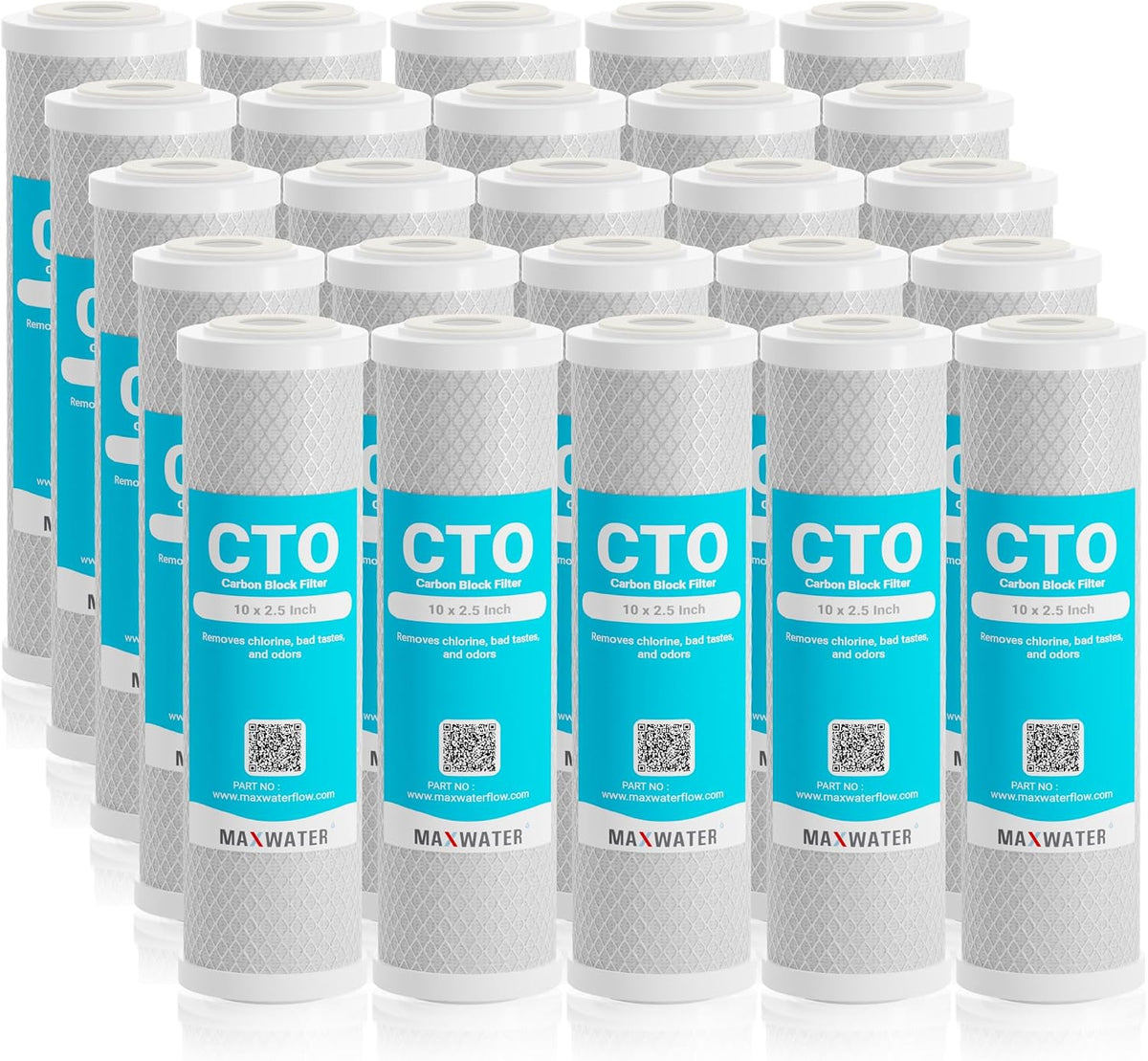 Max Water 5 Micron 10 x 2.5 CTO Carbon Water Filter Cartridge for Whole House Filtration Systems Compatible with WHEF-WHWC, WHCF-WHWC, FXWTC, AMZN-SCWH-5, CTO10, 25-Pack