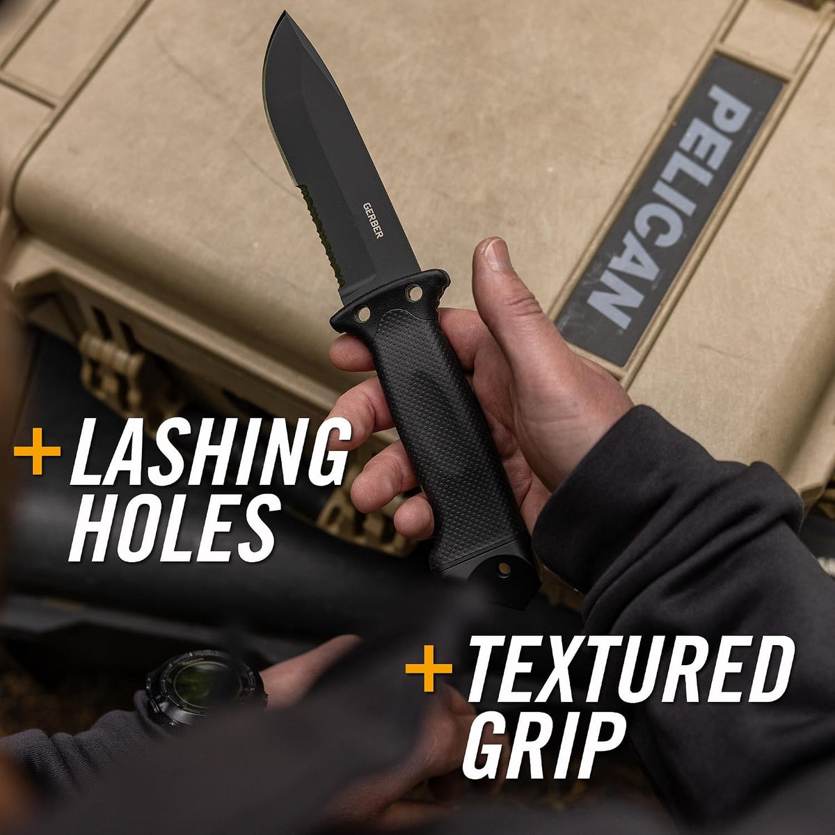 Gerber Gear LMF II Infantry Survival Knife, Made in USA Military Grade Tactical Fixed Blade with Serrated Edge, Shock Absorbing Handle, Molle Sheath and Sharpener, Black