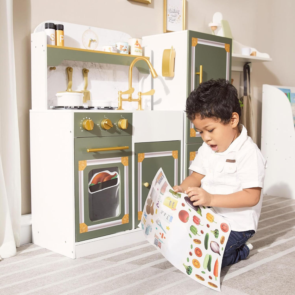 Teamson Kids Versailles Wooden Deluxe Play Kitchen Set Plus Refrigerator with Ice Dispenser and 15 Cookware Accessories, Olive Green