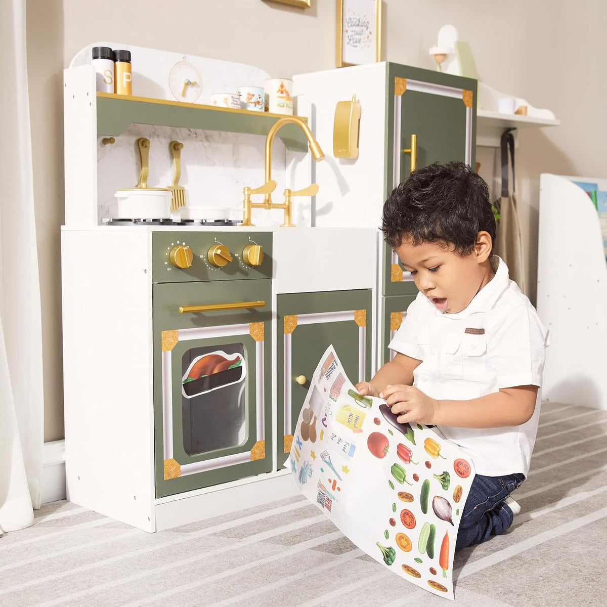 Teamson Kids Versailles Wooden Deluxe Play Kitchen Set Plus Refrigerator with Ice Dispenser and 15 Cookware Accessories, Olive Green
