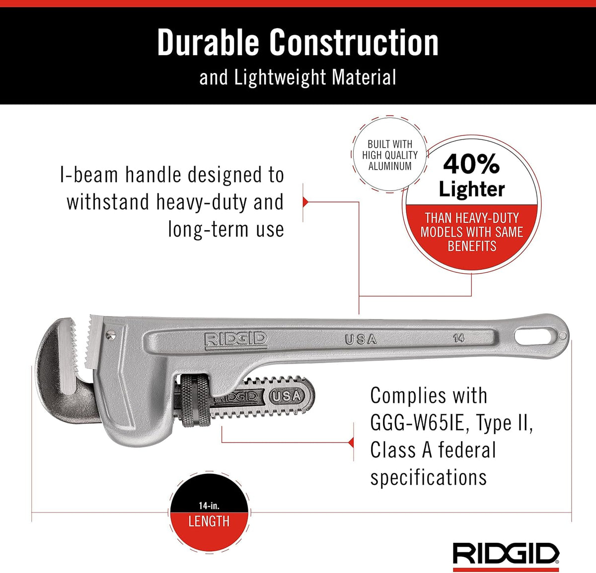 RIDGID 31095 Model 814 Aluminum Straight 14' Plumbing Pipe Wrench, Silver, Made in the USA (Pack of 6)