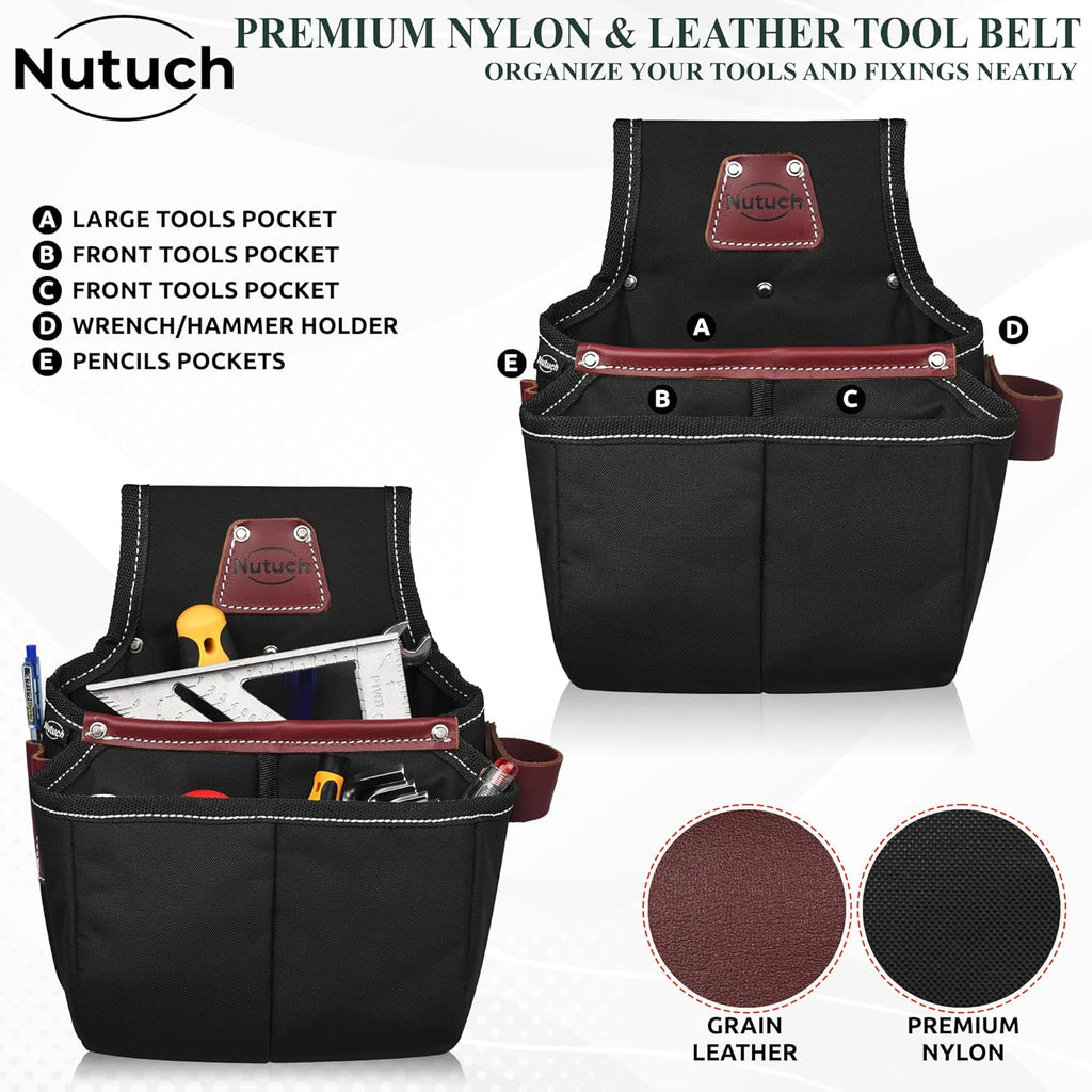 Nylon and Leather Tool Belt | Nylon Tool Pouch | Carpenter | Construction | Framers | Electrician Tool Belts | Drywall Tool Bags (BLACK)