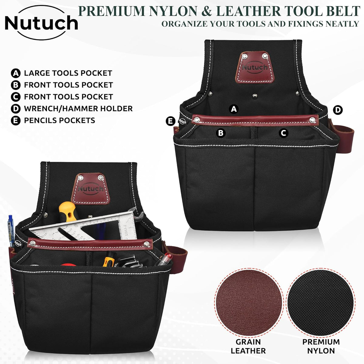 Nylon and Leather Tool Belt | Nylon Tool Pouch | Carpenter | Construction | Framers | Electrician Tool Belts | Drywall Tool Bags (BLACK)