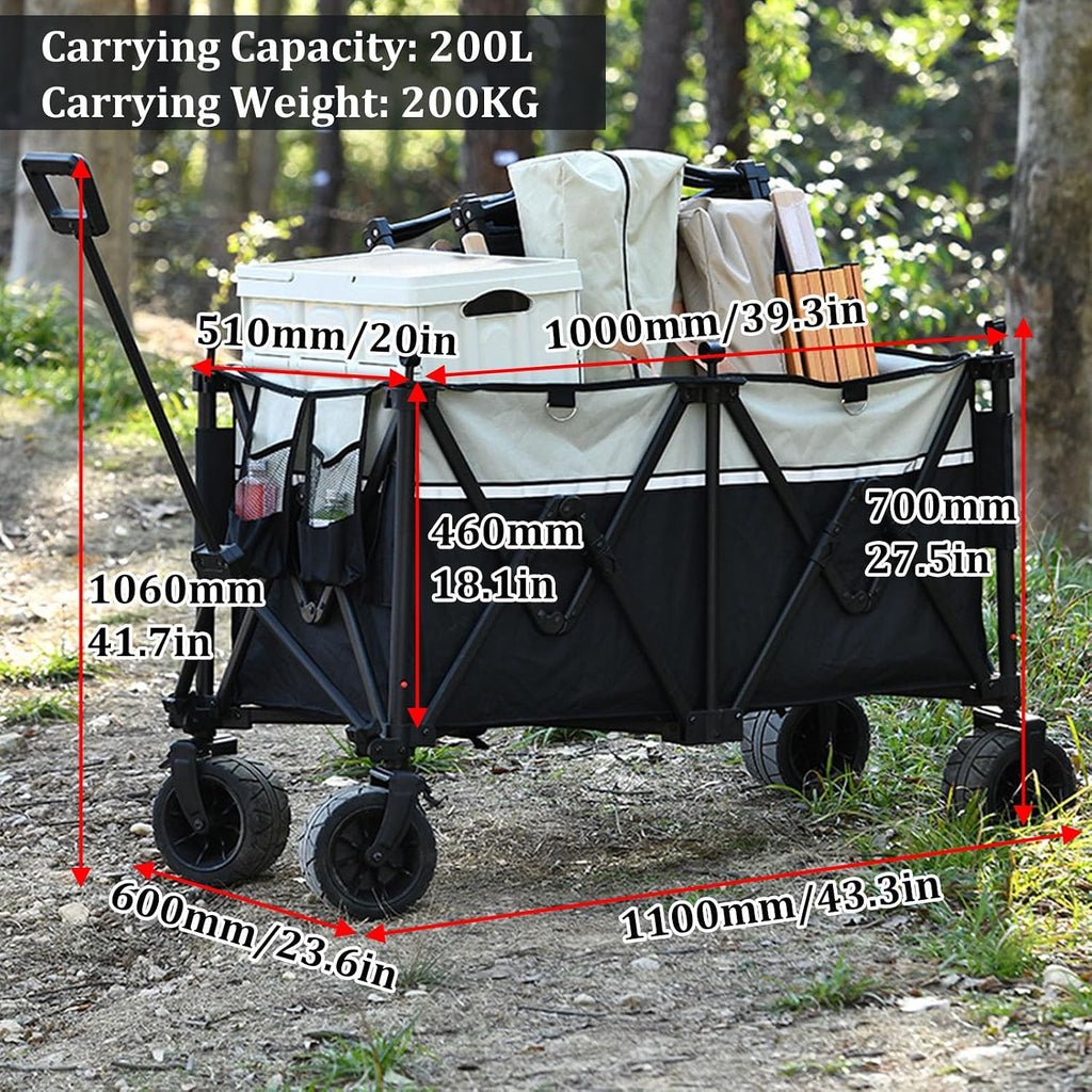 Black Garden Carts,Collapsible Wagon,Sports Outdoor Utility Wagon Garden Wagon Sports Heavy Duty Steel Frame Foldable Yard Car 200Kg Load Camping Cart